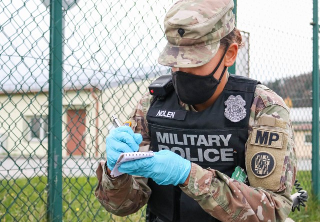 Spc. Brianna Nolen, a military police Soldier with the 29th Military Police Company, Maryland Army National Guard, takes notes during a mass casualty training event at the Joint Multinational Readiness Training Center in Hohenfels, Germany, on...