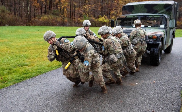 Cadets from the Company I-4 team perform a High Mobility Multipurpose Wheeled Vehicle (HMMWV) pull during the Team Challenge Event Friday at the Fall Sandhurst Competition.  (U.S. Army Photo by Class of 2022 Cadet Ellington Ward)