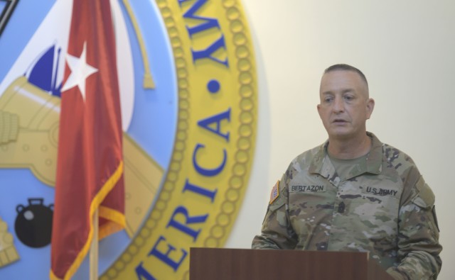 Command Sgt. Maj. Brian T. Bertazon, incoming Command Sergeant Major, Military Intelligence Readiness Command (MIRC), speaks during the Military Intelligence Readiness Command change of responsibility ceremony at Fort Bragg, North Carolina, September 11, 2020. Key guests included, Maj. Gen. A.C. Roper, Deputy Commanding General U.S. Army Reserve Command, Brig. Gen. Robert S. Cooley Jr., Army Reserve Command Chief of Staff, Brig. Gen. Aida T. Borras, Commanding General, Military Intelligence Readiness Command and Chief Warrant Officer 5 Harold (Hal) Griffin III, Command Chief Warrant Officer, U.S. Army Reserve Command (U.S. Army Reserve photo by Staff Sgt. Edgar Valdez)