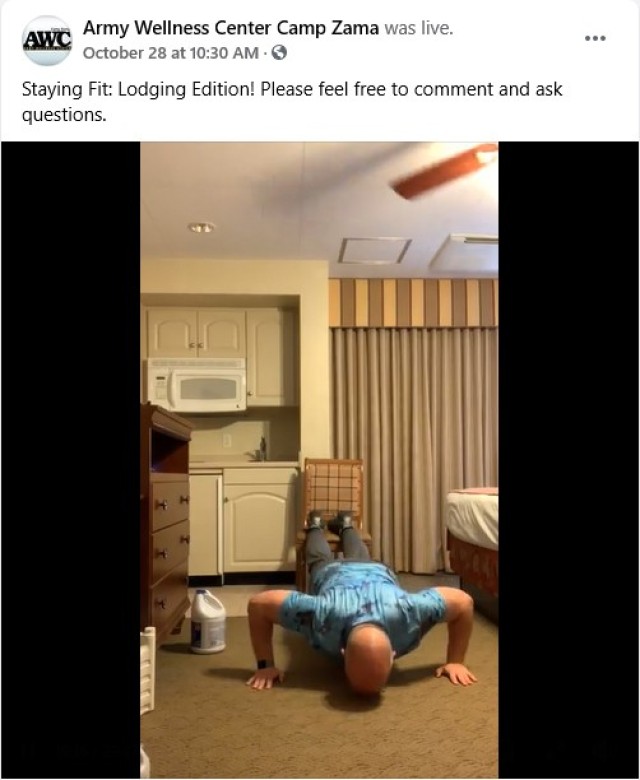 Stephen Harmon, a health promotion technician for the Camp Zama Army Wellness Center, demonstrates how to work out in a hotel room with limited equipment at Camp Zama Lodging, Camp Zama, Japan, Oct. 28.