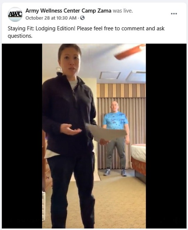 Shannon Vo, a health educator at the Camp Zama Army Wellness Center, presents “Staying Fit: Lodging Edition,” on Facebook Live from Camp Zama Lodging, Camp Zama, Japan, Oct. 28.
