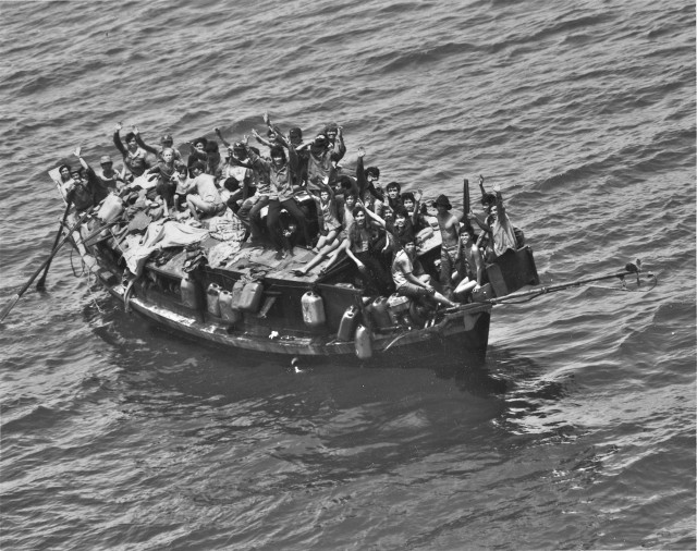 The crew of the USS Ranger CV-61 rescued all 138 of the ‘boat people’ from the wooden boat drifting on the South China Sea.