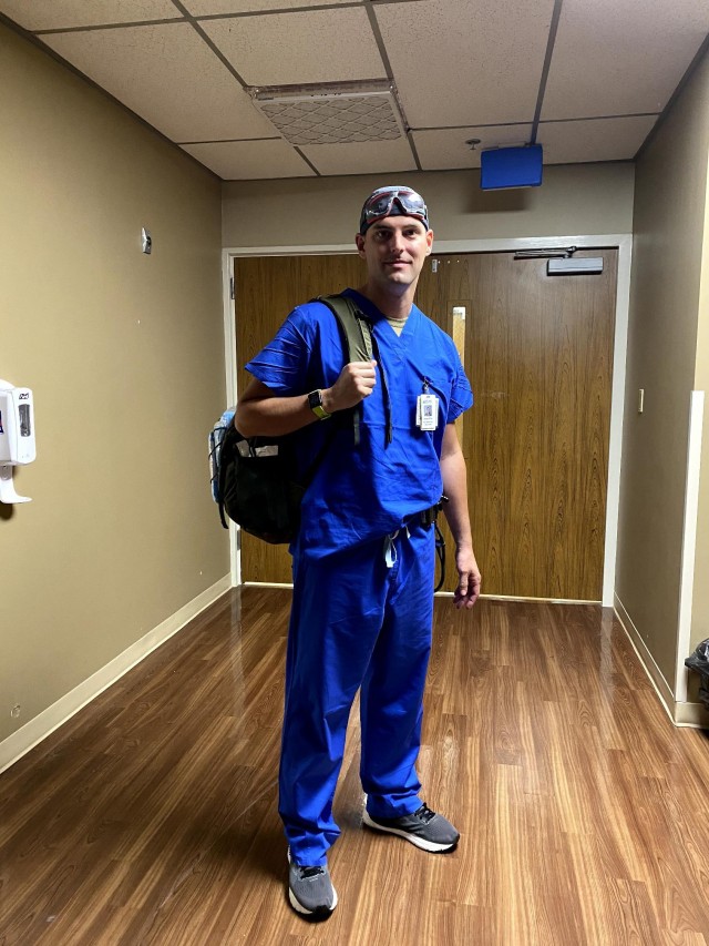 Army Maj. Joshua Salomon Solheim, an Army Reserve nurse anesthetist from Greensboro, North Carolina, works at Valley Baptist Medical Center in Harlingen, Texas. Solheim mobilized with Urban Augmentation Medical Task Force-7458 in late July to...
