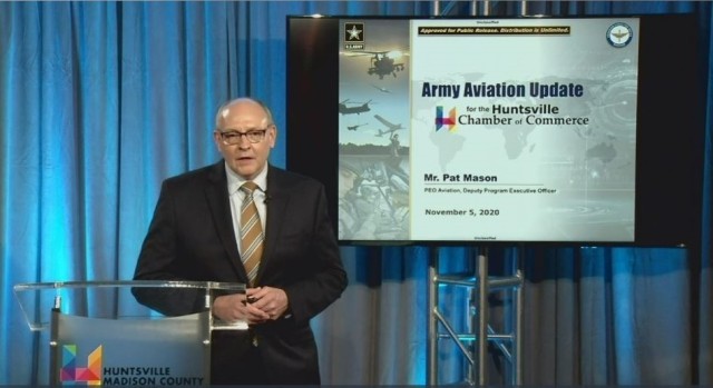 Pat Mason, deputy program executive officer of aviation, updates the Redstone workforce on Program Executive Office Aviation's capabilities in using advanced and additive manufacturing to develop the next generation of aviation vehicles.
