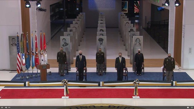 Army senior leaders along with acting Secretary of Defense Chris Miller and Chairman of the Joint Chiefs of Staff Gen. Mark A. Milley attend the grand opening of the National Museum of the U.S. Army on Nov. 11, 2020 at Fort Belvoir, Va. The...