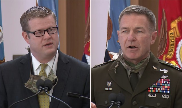 Army Secretary Ryan D. McCarthy, left, and Army Chief of Staff Gen. James C. McConville make their remarks during the grand opening ceremony of the National Museum of the U.S. Army on Nov. 11, 2020 at Fort Belvoir, Va.