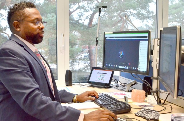 Terry Dunlap, USAG Rhienland-Pfalz Emergency Manager, presides over a Microsoft Teams meeting of the garrison Protection Working Group. The PWG analyzes threats to the garrison and recommends protection measures to the commander.