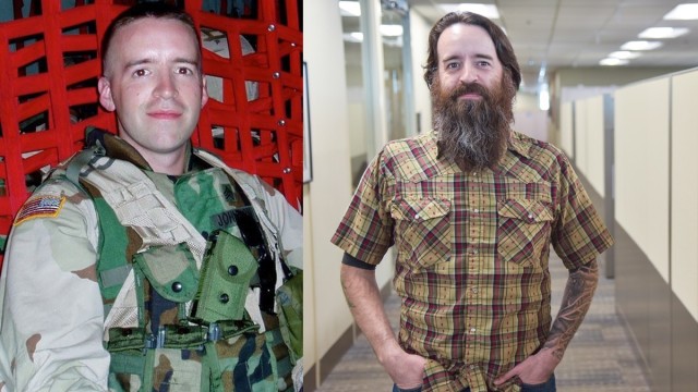 Left: Anthony Johnson, technical writer-editor (engineering) with the U.S. Army Corps of Engineers&#39; Portland District, during their first deployment to Afghanistan, from 2004 to 2005. Right: Johnson in November 2019 at the district&#39;s...