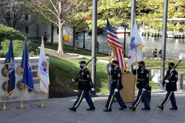 Members of the 85th U.S. Army Reserve Support Command color guard team march to conduct a presentation of colors during a Veteran’s Day ceremony, hosted by the Chicago Wolves, at the Vietnam Memorial Wall at Chicago’s Riverwalk, Nov. 11, 2020. The ceremony was coordinated between the Chicago Wolves and several local military organizations to hold COVID-19 mitigation efforts as a key priority while honoring Chicago’s and the nation’s veterans.
(U.S. Army Reserve photo by Anthony L. Taylor)