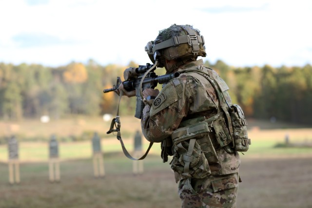 Soldier dons the Capability Set 3 (CS 3) militarized form
factor prototype of the Integrated Visual Augmentation System (IVAS) during a Soldier Touchpoint 3 (STP 3) live fire test event at Fort Pickett, Va., in October 2020.