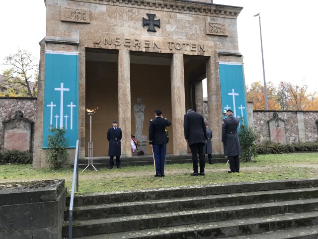 MAINZ, Germany – Lt. Col. Edwin Escobar (second from the left), Lord Mayor of Mainz Michael Ebling (third from left), and representatives from the Bundeswehr stand in front of the memorial for fallen Soldiers and civilian victims of wars and...