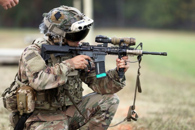 Soldier dons the Capability Set 3 (CS 3) militarized form
factor prototype of the Integrated Visual Augmentation System (IVAS) during a Soldier Touchpoint 3 (STP 3) live fire test event at Fort Pickett, Va., in October 2020.