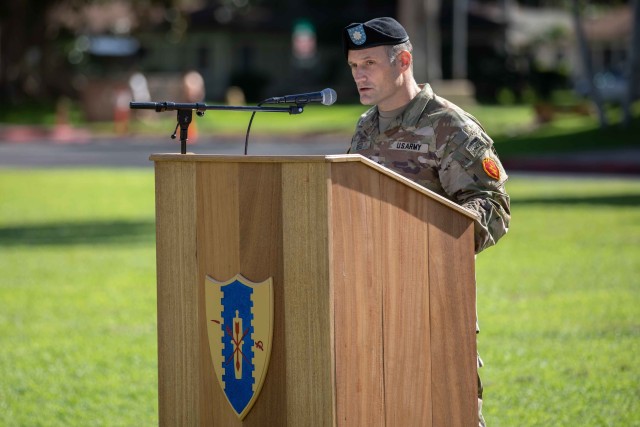 Lt. Col. Walter Reed, 3rd Squadron, 4th Cavalry Regiment Commander gives his opening remarks during the opening ceremony of the U.S. hosted portion of the 2020 Indonesia Platoon Exchange at Schofield Barracks, Hawaii on Nov. 14, 2020. Throughout the next two weeks, Soldier from both armies will train alongside one another sharing their expertise in tactics to include counter-improvised explosive device training, Military Operations in Urban Terrain (MOUT) training and survival training at the 25th Infantry Division's Lightning Academy. (U.S. Army photo by Staff Sgt. Alan Brutus)