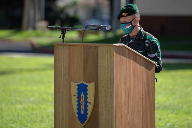 Lt. Col. Kemas Nauval, 431st Para Raider Infantry Battalion Commander gives his opening remarks during the opening ceremony of the U.S. hosted portion of the 2020 Indonesia Platoon Exchange at Schofield Barracks, Hawaii on Nov. 14, 2020....