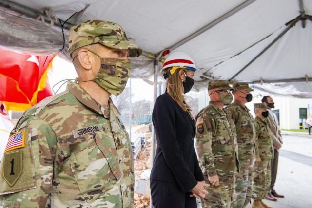 Sergeant Major of the Army Michael A. Grinston stands with distinguished guests and speakers during the groundbreaking ceremony of the Soldier and Squad Performance Research Institute, or S2PRINT, in which he was the keynote speaker, at the U.S. Army Natick Soldier Systems Center, or NSSC, on November 12, 2020. 