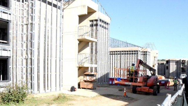 Contractors work on refurbishing barracks on Mississippi Avenue as part of Fort Polk&#39;s Barracks Modernization Program.