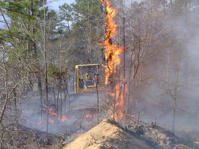 FORT BENNING, Ga. – In a March 2004 photo, a member of a Fort Benning prescribed burn crew uses a bulldozer to move a burning dead tree to where it can't spread fire outside the space within which the crew wants to burn. Each year from December through May Fort Benning conducts expertly controlled burns of deadwood and other debris on the forest floor, because it limits interruption of military training and helps Fort Benning's plant and animal life. Before such burns are scheduled, officials here carefully study weather data, including forecasts as to wind direction, and avoid burning at times or places that might lead to smoke carrying to local homes, hospitals, schools, businesses, roadways, or airports.
(U.S. Army photo courtesy of Directorate of Public Works, U.S. Army Garrison Fort Benning)