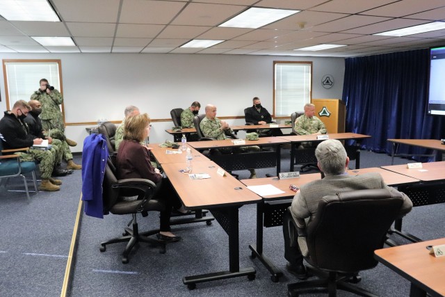 Assistant Secretary of the Navy (Manpower and Reserve Affairs) Catherine Kessmeier and Vice Adm. John Nowell, Jr., Chief of Naval Personnel (CNP), participate in a socially distanced meeting with Fort McCoy Deputy to the Garrison Commander Brad...