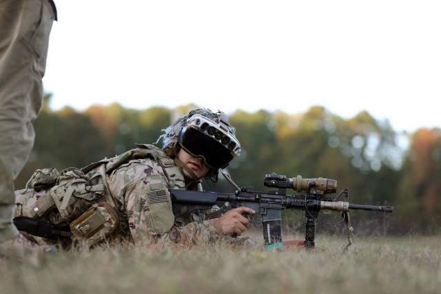 Soldier tests the Capability Set 3 (CS3) militarized form factor prototype of the Army’s Integrated Visual Augmentation System (IVAS) during a life fire test event at its third Soldier Touchpoint (STP 3) at Fort Pickett, Va.