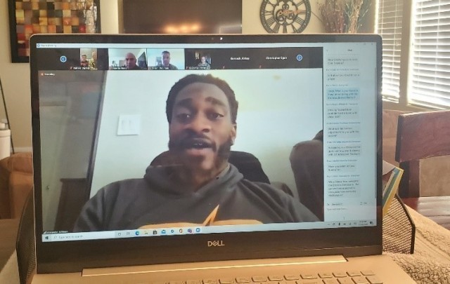 Linebacker Alexander Johnson speaks to U.S. Army Space and Missile Defense Command Soldiers during a “Salute to Service” virtual meet and greet, Nov. 16. (U.S. Army photo)