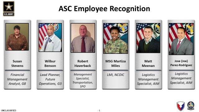 Shown are U.S. Army Sustainment Command headquarters personnel recognized for excellence during the quarterly update meeting held Nov. 19 at ASC on Rock Island Arsenal, Illinois. Gen. Ed Daly, commanding general, U.S. Army Materiel Command, spoke...