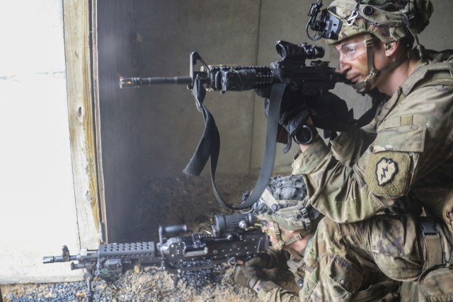 Infantrymen with 1st Battalion, 27th Infantry Regiment "Wolfhounds", 2nd Infantry Brigade Combat Team, 25th Infantry Division, fire at the enemy during the final live fire exercise of rotation 21-01 on October 27th, 2020 at the Joint Readiness Training Center at Fort Polk, Lousiana. The JRTC exercise is a capstone training event that allows 2nd Brigade to achieve certification for worldwide deployment while building interoperability with key allies in support of a free and open Indo-Pacific. (U.S. Army photo by Sgt. Thomas Calvert)