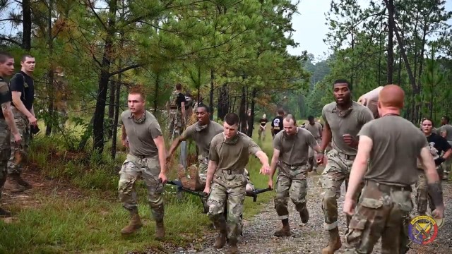 An image from a recent Army video shows recruits starting training here to become cavalry scouts taking part in an event designed to instill teamwork and attention to detail on their first day of training. Called the &#34;Thunder Run,&#34; the event replaces the traditional &#34;shark attack&#34; in which drill sergeants swarmed newly arrived trainees and shouted orders and belittling comments to gain immediate compliance. The 194th Armored Brigade, which trains the Army&#39;s armor crewmen and cavalry scouts, adopted the Thunder Run several months ago as a replacement for the shark attack, which had come to be viewed as an outmoded vestige of the Vietnam-era military draft.
