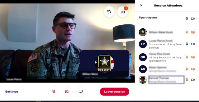 Capt. Lucas Pierce interacts online with students from George Mason University during a virtual career fair hosted by the school. A U.S. Army Recruiting Command campaign to blitz the fast-growing world of virtual fairs is running through...