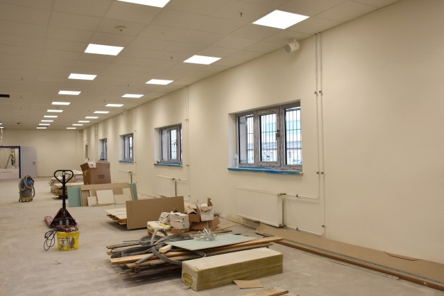 WIESBADEN, Germany – The post office Bldg. 1030 on Clay Kaserne features new windows and the renovation is in progress Nov. 17, 2020.