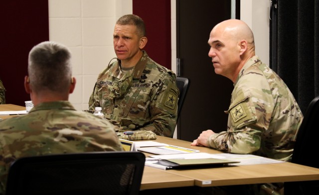 Sergeant Major of the Army Michael Grinston receives a brief about the Sergeant Major Assessment Program pilot at Fort Knox, Kentucky, November 18, 2020.  The SMAP was conducted similar to the Battalion Commander Assessment Program by gaining more relavent information about sergeants major before selecting them for battalion command sergeant major positions or other key billets.(U.S. Army Photo by Staff Sgt. Daniel Schroeder, Army Talent Management Task Force)