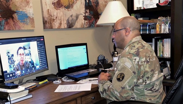 Maj. James Person, executive officer assigned to the 8-100th (Health Services) BN, 5th (HS) Brigade, 94th Training Division-Force Sustainment took part in a Virtual Battlefield Circulation conference call with the Chief of the Army Reserve, Lt. Gen. Jody Daniels on November 7, 2020. (U.S. Army Reserve photo courtesy of 8-100th (HS) BN)