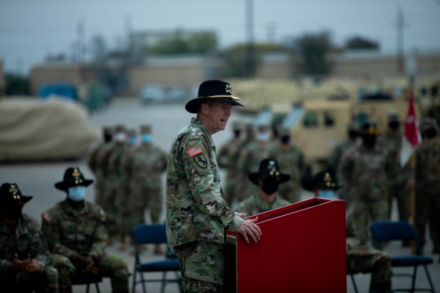 Maj. Gen. Jeffery Broadwater, Commanding General of the 1st Cavalry Division, gives congratulations to the Troopers in 6th Squadron, 9th Cavalry Regiment “Sabers”, 3rd Armored Brigade Combat Team, 1st Cav. Div. for winning the Army Award for...