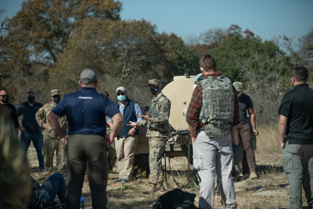A U.S. Army Futures Command Officer speaks to a group of civilian agencies during a M109A7 Paladin life fire demonstration held by 2nd Battalion, 82nd Field Artillery, 3rd Armored Brigade Combat Team, 1st Cavalry Division, Fort Hood, Texas, Nov....