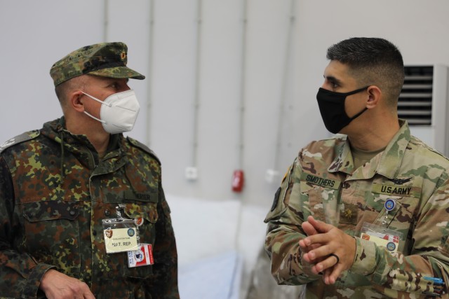 The NAMFI evaluation team national representatives for both the U.S. and Germany, U.S. Army Maj. Richard Smothers, an air defense artillery fire control officer assigned to the 678th Air Defense Artillery Brigade, and German Air Force Lt. Col....