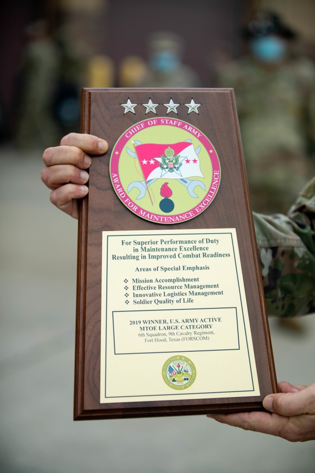 Troopers assigned to 6th Squadron, 9th Cavalry Regiment “Sabers”, 3rd Armored Brigade Combat Team, 1st Cavalry Division, hold an award presentation ceremony to receive the Army Award for Maintenance Excellence (AAME), Fort Hood, Texas, Nov....