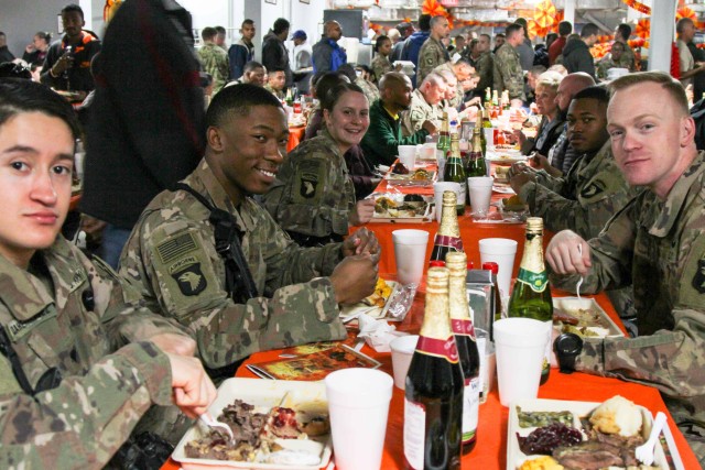 Soldiers at Bagram Airfield in Afghanistan enjoy Thanksgiving dinner in 2018. While this year’s Thanksgiving meal may look different, the Defense Logistics Agency Troop Support has been providing traditional Thanksgiving food to field kitchens, dining facilities and galleys to locations in the United States and around the world. 