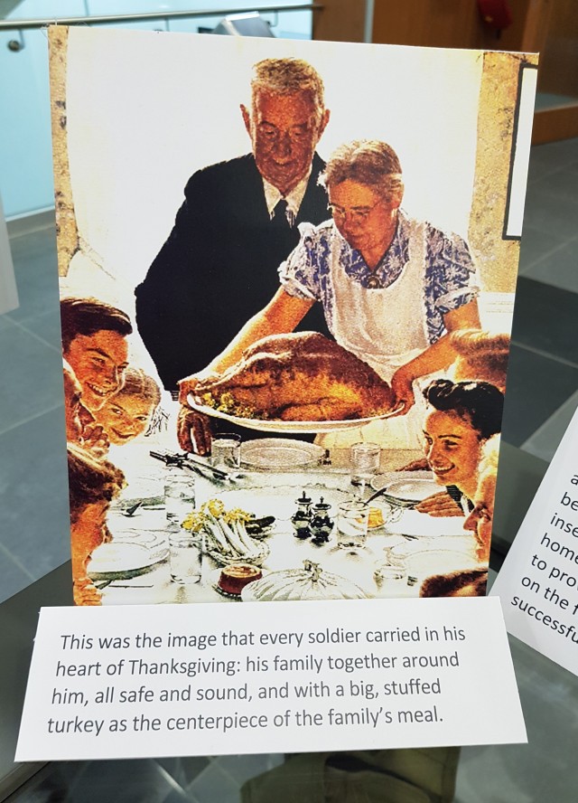 WIESBADEN, Germany – A Thanksgiving display is presented in the foyer of the Mission Command Center on Clay Kaserne during the month of November 2020 showing how Soldiers during World War II ate in the field.