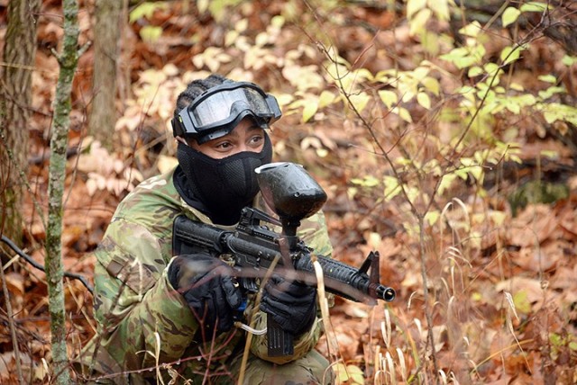 Sgt. Dawnsherri Jackson, Headquarters and Headquarters Company, Joint Regional Correctional Facility, readies her weapon as she looks for the opposing force during the Best Watchdog Competition Nov. 23 near the All-Hazards Training Center....