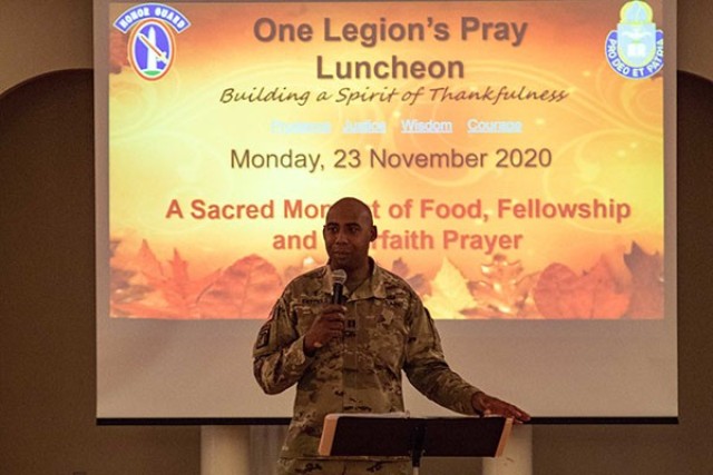 Soldiers of 1st Battalion, 3d U.S. Infantry Regiment (The Old Guard) conduct a battalion prayer luncheon at the Spates Community Center, Joint Base Myer-Henderson Hall, Virginia, Nov. 23, 2020. The battalion prayer luncheon highlighted the holiday...