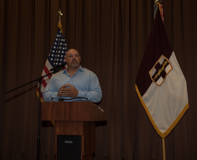 Former National Football player, James Dearth, speaks with Soldiers about his own personal experiences with pain, depression and perseverance.  The 1st Medical Brigade, 13th Expeditionary Sustainment Command held a leader professional development session Nov. 19.