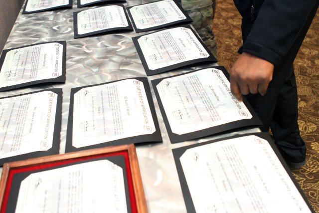 Certificates of appreciation wait to be presented during the bimonthly Volunteer Appreciation Night Nov. 19, 2020, at the Patriot Club. Eighteen volunteers were honored for their selfless service to the Lawton Fort Sill community.