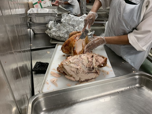 More than 5,500 Soldiers ate a Thanksgiving meal Nov. 26 in the dining facilities at Fort Lee, Virginia. The kitchens across post served about 2,000 pounds each of turkey and ham, 1,800 pounds of prime rib, 1,000 pounds of sweet potatoes, 500 pounds of Salmon, 250 gallons of macaroni and cheese, and 350 pies and other holiday mainstays were served.