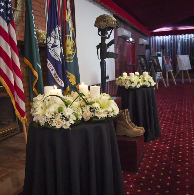 Honorary display at a remembrance ceremony to honor eight headquarters personnel and staff, that were killed in a terrorist bombing, 25 years ago, at the headquarters for OPM-SANG, a subordinate unit to Army Security Assistance Command, in Riyadh, Saudi Arabia. OPM-SANG hosts the annual remembrance so that it's legacy is not forgotten.  (Courtesy photo)