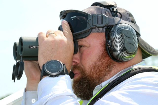 Tulsa District Biologist Jason Person uses binoculars to search while counting Interior Least Tern nests on a sand bar in the Arkansas River June 15, 2020.  The U.S. Army Corps of Engineers, Tulsa District is responsible for monitoring the...