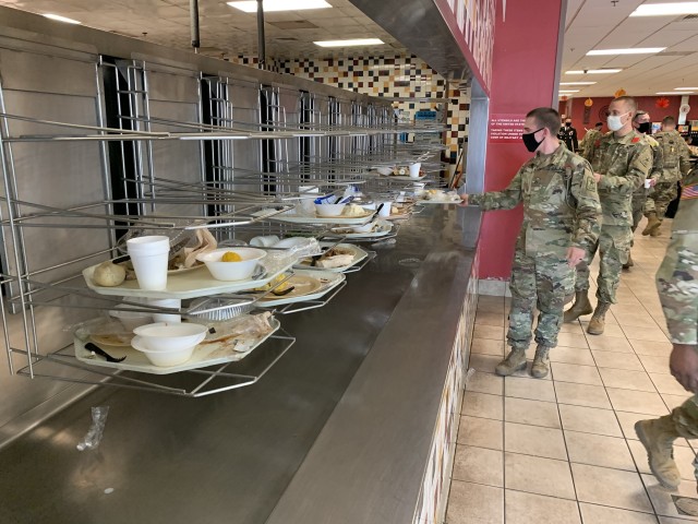 More than 5,500 Soldiers ate a Thanksgiving meal Nov. 26 in the dining facilities at Fort Lee, Virginia. The kitchens across post served about 2,000 pounds each of turkey and ham, 1,800 pounds of prime rib, 1,000 pounds of sweet potatoes, 500...