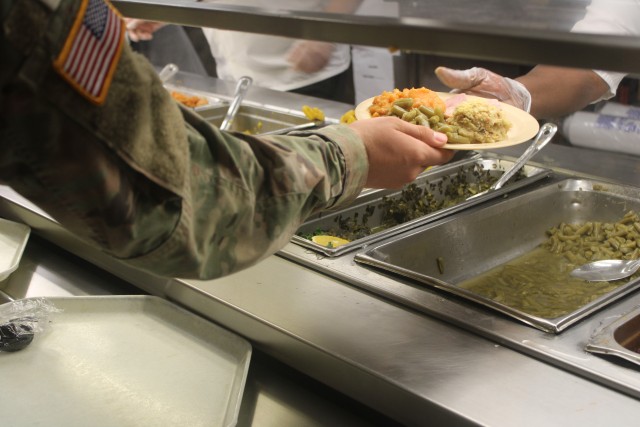 More than 5,500 Soldiers ate a Thanksgiving meal Nov. 26 in the dining facilities at Fort Lee, Virginia. The kitchens across post served about 2,000 pounds each of turkey and ham, 1,800 pounds of prime rib, 1,000 pounds of sweet potatoes, 500 pounds of Salmon, 250 gallons of macaroni and cheese, and 350 pies and other holiday mainstays were served.