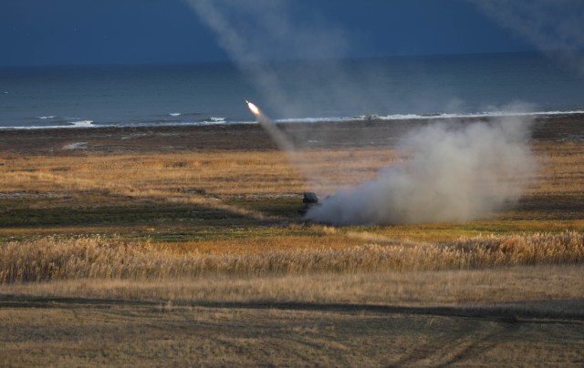 CAPU MIDIA, Romania --  A U.S. M142 High Mobility Artillery Rocket Systems deploys its rockets into the Black Sea during Exercise Rapid Falcon Nov. 19, 2020.This was 1st Battalion, 77th Field Artillery Regiment, 41st Field Artillery Brigade's...