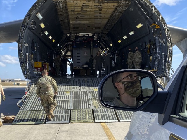 Cpt. Joshua Wolf, U.S. Army North’s Task Force 51’s future operations officer, waits to load an emergency response vehicle, during the unit’s Level II Deployment Readiness Exercise (DRE), at Joint Base San Antonio Lackland Kelly Field Annex, Texas, Nov. 20, 2020. This exercise enhances the unit’s deployment readiness while maintaining USARNORTH’s forward capability in preparation for the 2021 hurricane season.
