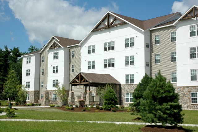 An apartment building in the Timbers housing community at Fort Drum, N.Y.. Built by Mountain Community Homes in 2009 for single and unaccompanied soldiers, the four-building apartment community was rated best in the Army in 2019.