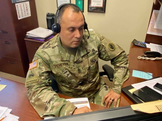 Sgt. Maj. Alejandro Pereyra Alaniz, U.S. Army South PISAJ 14 coordinator, virtually takes part in PISAJ 14 at Army South Headquarters, Joint Base San Antonio-Fort Sam Houston, Texas, Nov. 12. PISAJ, an acronym in Spanish for “Programa Integral...